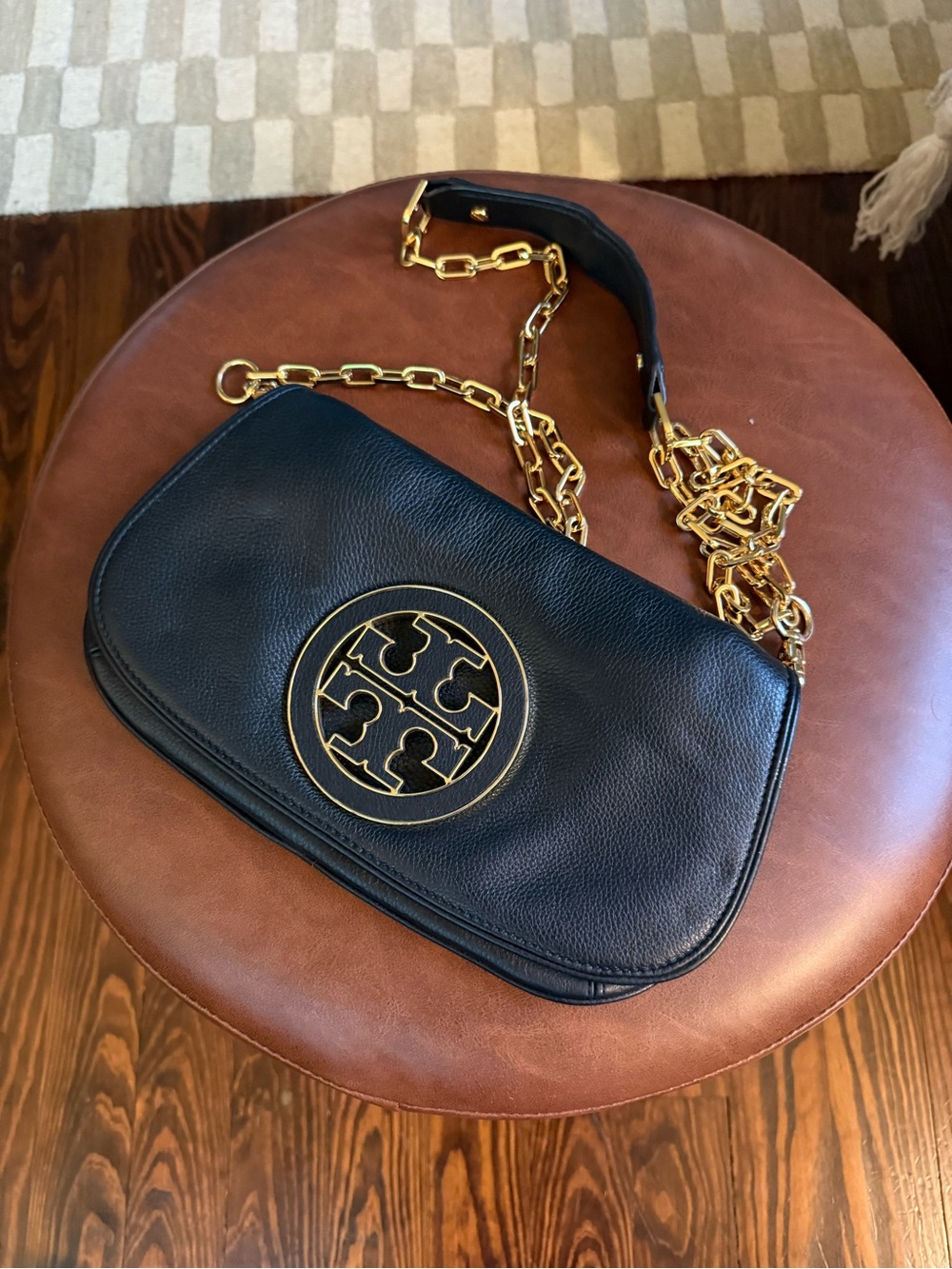 Tory Burch Black Pebbled Leather Shoulder Bag with Gold Hardware
